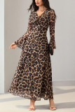 V-neck Leopard Print Long Sleeved Slit Dress