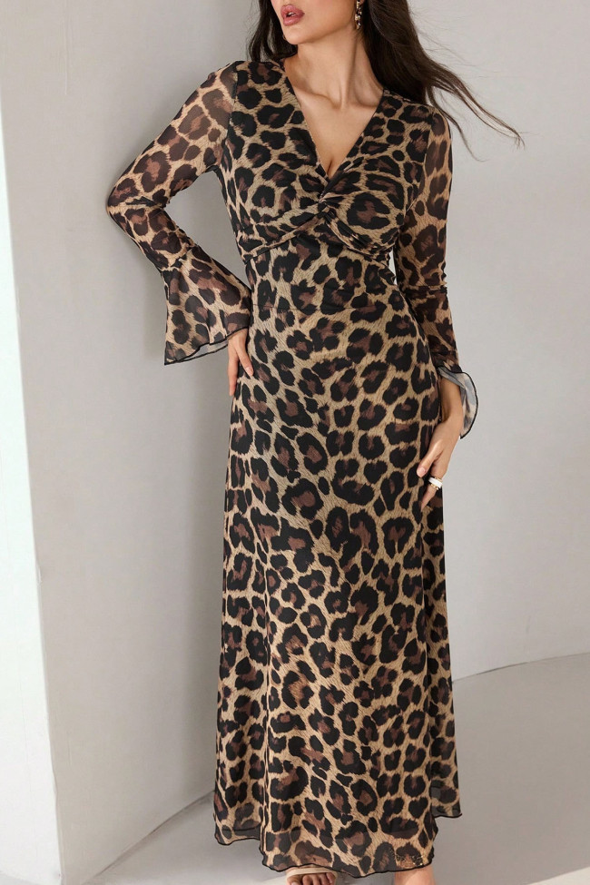 V-neck Leopard Print Long Sleeved Slit Dress