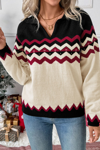 Christmas Printed Lapel Long Sleeved Sweater