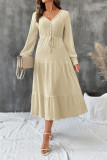 Solid Color V-neck Long Sleeved Waist Cinching Dress