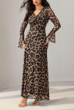 V-neck Leopard Print Long Sleeved Slit Dress