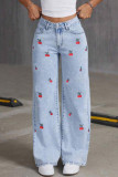 Cherry Print Button Waist Wide Leg Jeans