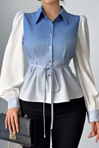 Gradient Long Sleeved Lapel Waist Cinched Shirt
