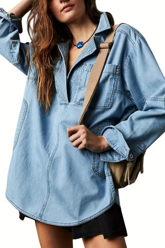 Solid Color Lapel Long Sleeved Denim Shirt