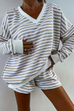 V-neck Striped Sweatshirt Shorts Two-piece Set