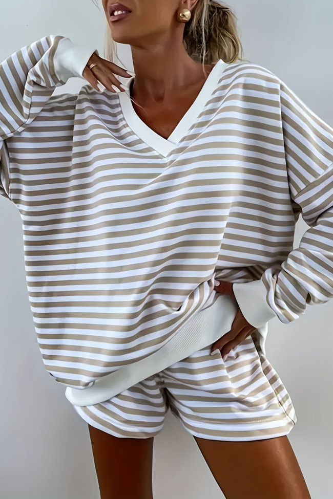 V-neck Striped Sweatshirt Shorts Two-piece Set