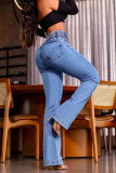 Large Size Solid Color High Elastic Waist Flared Jeans