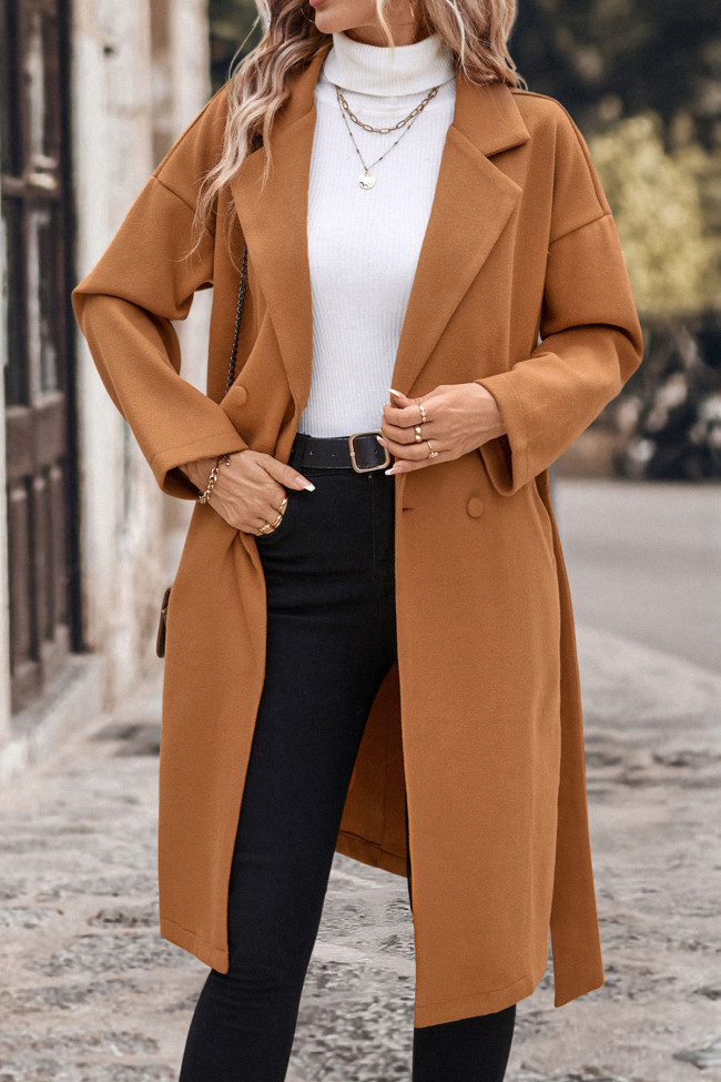 Solid Color Lapel Long Sleeved Cinched Woolen Jacket