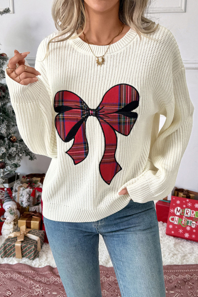 Christmas Bow Print Round Neck Long Sleeved Sweater