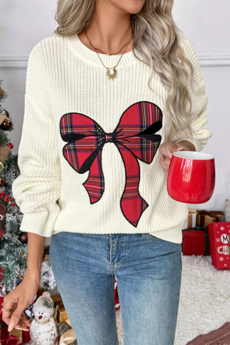 Christmas Bow Print Round Neck Long Sleeved Sweater