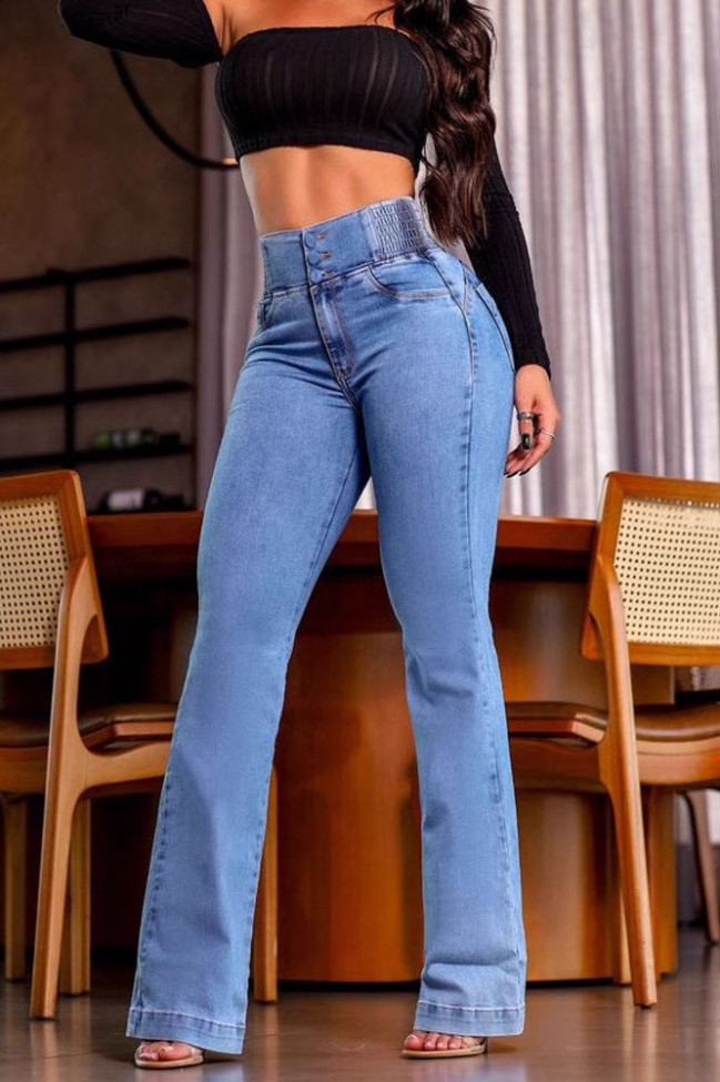 Large Size Solid Color High Elastic Waist Flared Jeans