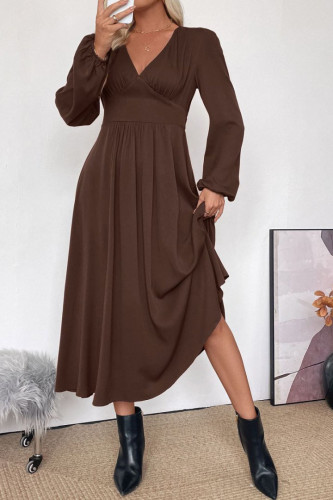 Retro V-neck Long Sleeved Waist Cinched Dress