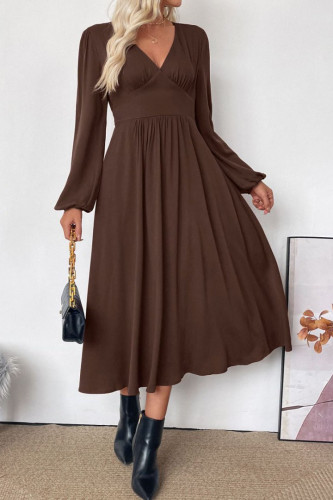 Retro V-neck Long Sleeved Waist Cinched Dress