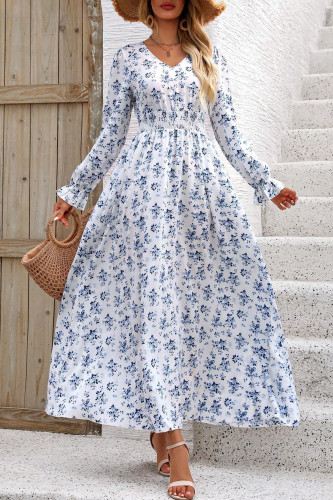 V-neck Long Sleeved Waist Cinching Floral Dress