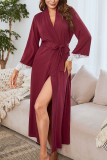 Solid Color Lace Trimmed Long Sleeved Nightgown
