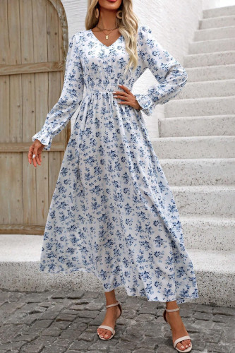 V-neck Long Sleeved Waist Cinching Floral Dress