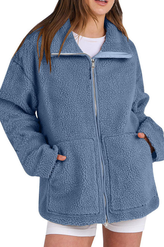 Solid Color Lambhair High Neck Woolen Cardigan Jacket