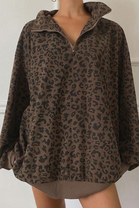 Corduroy Leopard Print Zipper Long Sleeved POIO Sweatshirt