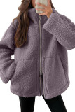 Solid Color Lambhair High Neck Woolen Cardigan Jacket
