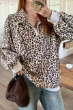 Corduroy Leopard Print Zipper Long Sleeved POIO Sweatshirt