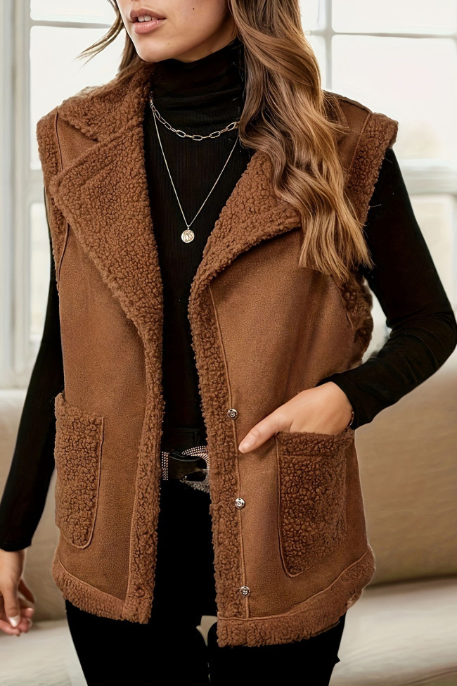 Corduroy Solid Color Lapel Sleeveless Cardigan Vest