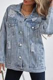 Solid Color Lapel Ripped Long Sleeved Denim Jacket