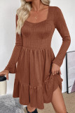 Retro Solid Color Square Neck Long Sleeved Ruffle Edge Dress