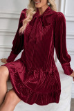 Velvet Solid Color Bow Long Sleeved Dress