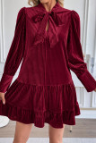 Velvet Solid Color Bow Long Sleeved Dress