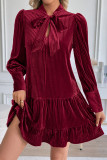 Velvet Solid Color Bow Long Sleeved Dress