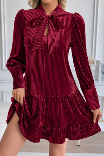 Velvet Solid Color Bow Long Sleeved Dress
