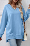 Solid Color V-neck Slit Long Sleeved Sweatshirt