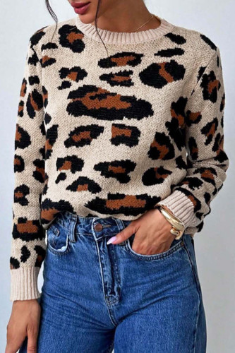 Retro Round Neck Leopard Print Long Sleeved Sweater