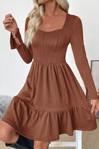 Retro Solid Color Square Neck Long Sleeved Ruffle Edge Dress