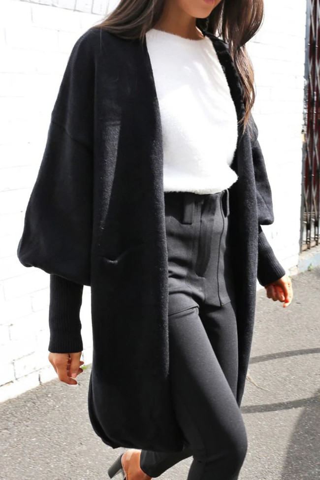 Solid Color Loose Long Sleeved Pocket Woolen Jacket