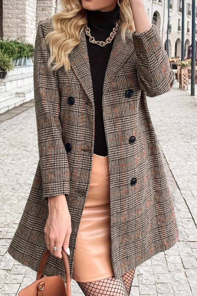 Checkered Suit Collar Long Sleeved Cardigan Windbreaker