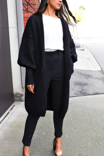 Solid Color Loose Long Sleeved Pocket Woolen Jacket