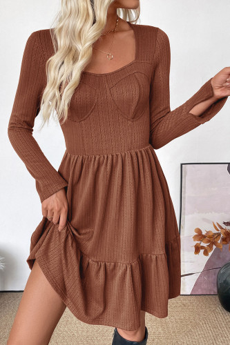 Retro Solid Color Square Neck Long Sleeved Ruffle Edge Dress