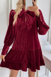 Velvet Solid Color Bow Long Sleeved Dress