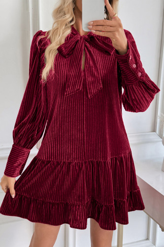 Velvet Solid Color Bow Long Sleeved Dress