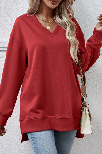 Solid Color V-neck Slit Long Sleeved Sweatshirt