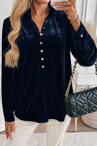 Velvet V-neck Solid Color Long Sleeved Shirt
