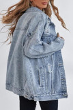 Solid Color Lapel Ripped Long Sleeved Denim Jacket