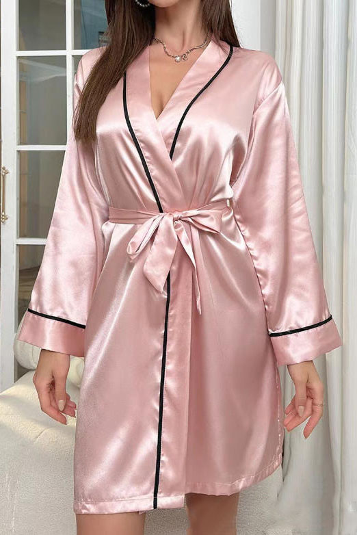 V-neck Long Sleeved Waist Cinched Nightgown