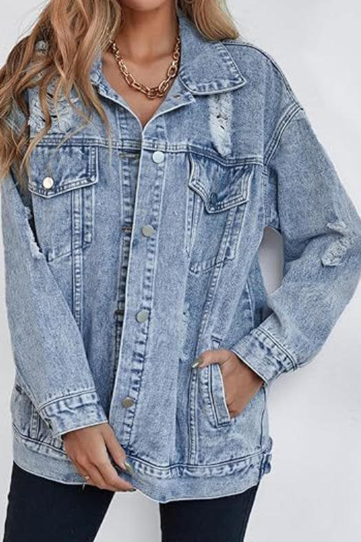 Solid Color Lapel Ripped Long Sleeved Denim Jacket