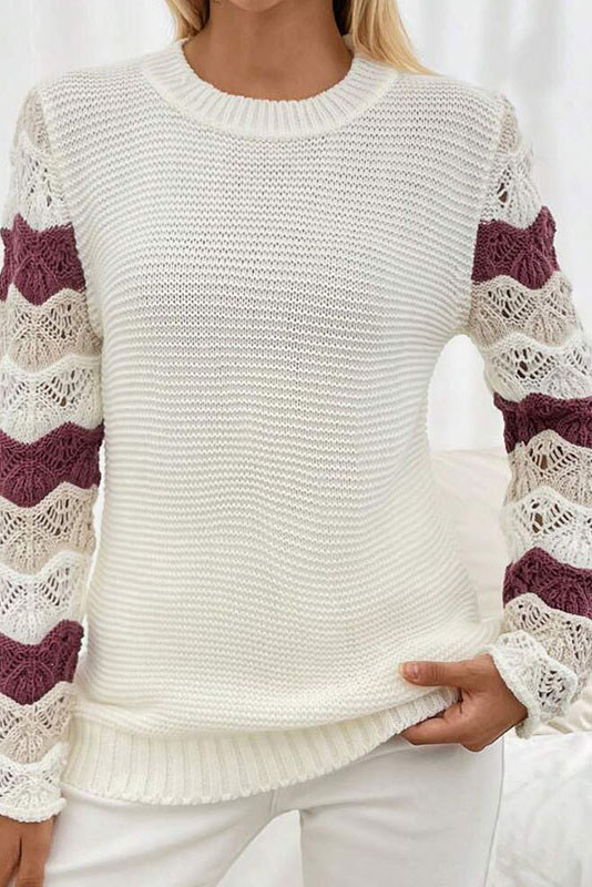 Knitted Striped Contrasting Hollow Sleeve Round Neck Sweater