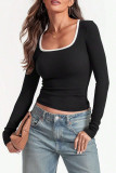 Square Neck Solid Color Long Sleeved Shirt
