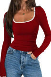 Square Neck Solid Color Long Sleeved Shirt