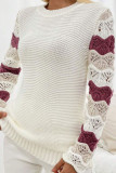 Knitted Striped Contrasting Hollow Sleeve Round Neck Sweater