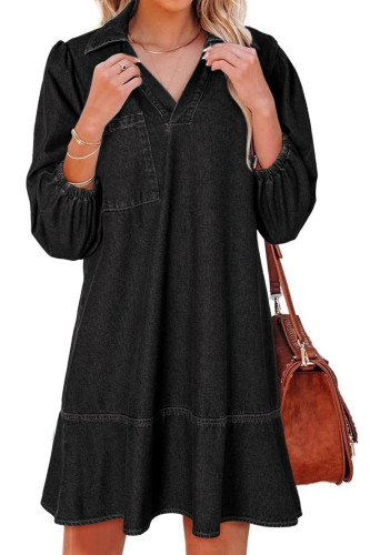 V-neck Seven Quarter Bubble Long Sleeve Denim Dress
